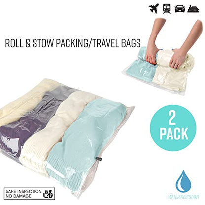 GForce 2 Pack Roll N Stow Travel Packing Bags | Luggage Organizer | Space Saving | Air-Tight Compression | No Vacuum | Zipper Seal | Medium & Large | Clear