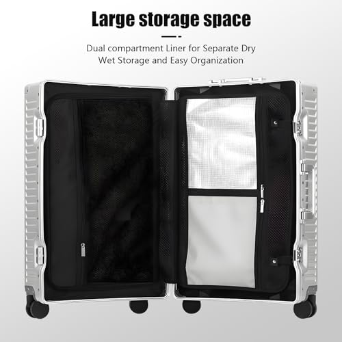 YYW All Aluminium Luggage With Spinner Wheels Lightweight PC hardside Rolling Suitcase, Built-In TSA lock Carry on Suitcase, with Cup Holder, USB Port, Phone Holder (Silver,24inch/39x25x65cm) - color: Silver, size: 24inch/39x25x65cm