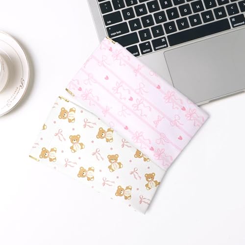 Soft Glasses Case, 2 Pcs Portable PU Leather Squeeze Top Eyeglasses Cases, Cute Sunglasses Pouch Bag for Women - color: 2pcs Striped Bow+ Bear Bow