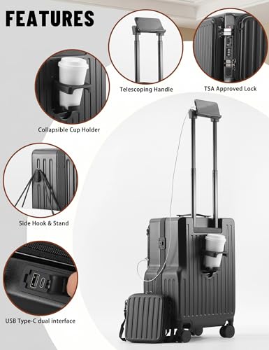 20-Inch Front Opening Carry On Luggage with Detachable Bag, Black - color: Black