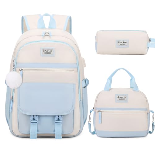 Bevalsa Backpack for Girls, 3PCS School Backpacks with Lunch Box | Pencil Pouch for Teens Girl Kids Elementary Middle High School College Student Bookbag Daypack - color: Beige Blue, size: 15.6 inch