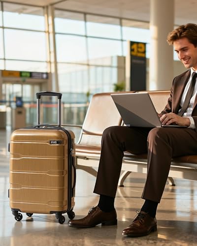 Coolife Carry On Luggage 22x14x9 Airline Approved Hardside PC+ABS Suitcase with TSA Lock, Lightweight Rolling Travel Luggage with Spinner Wheels(Black Brown, 20in) - color: Black brown, size: Carry On(20in)