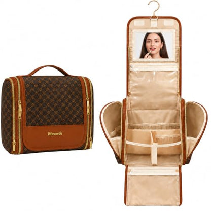 Women Travel Toiletry Bag Large Hanging Toiletry Bag with Mirror - color: Brown