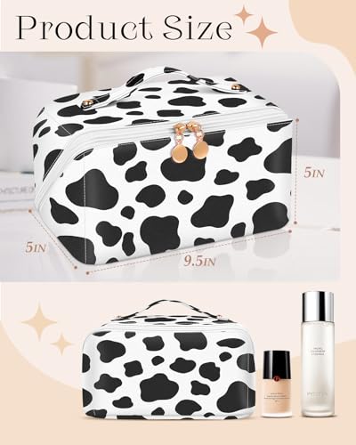 Bistup Makeup Bag Travel Cosmetic Bag Toiletry Make Up Bags Cute Women Large Capacity Big Medium Leather Cow Print Aesthetic Girl Teen Teenage Foldable Expandable Open Flat Zip - color: 5-Cow Print