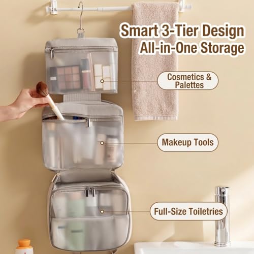 Hanging Toiletry Bag Women, 3-Tier PU Leather Waterproof Travel Case