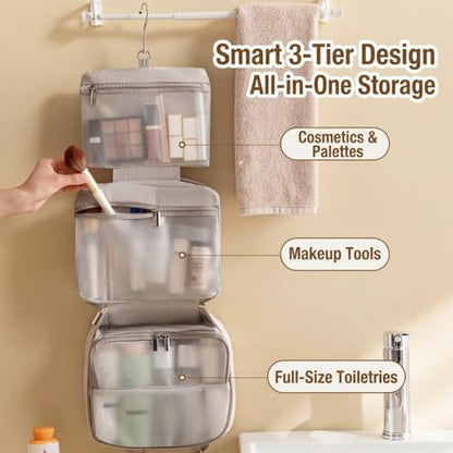 Hanging Toiletry Bag Women, 3-Tier PU Leather Waterproof Travel Case