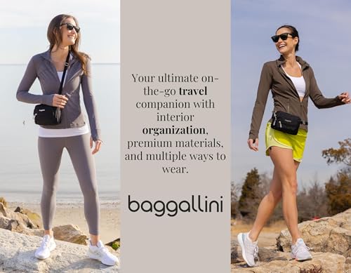 Baggallini Triple Zip Small Crossbody Bag for Women - Lightweight Convertible Fanny Pack Belt Bag - color: Black With Sand Lining, style: Slim Strap