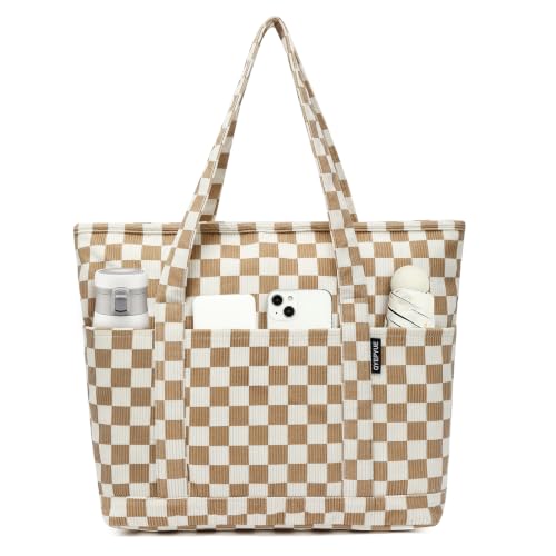 Large Canvas Tote Bag for Women, Beach Bag with Zipper, Utility Tote Bag with 3 Front Pockets, Weekender Pool Bag - color: Khaki
