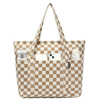 Large Canvas Tote Bag for Women, Beach Bag with Zipper, Utility Tote Bag with 3 Front Pockets, Weekender Pool Bag - color: Khaki