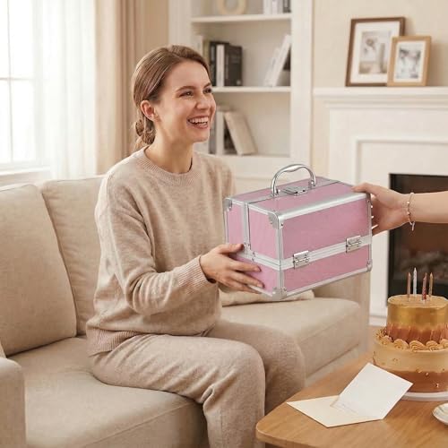 Aluminum Makeup Case with Mirror & Lock, 3‑Tray Cosmetic Organizer, Pink
