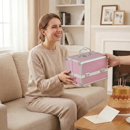Aluminum Makeup Case with Mirror & Lock, 3‑Tray Cosmetic Organizer, Pink