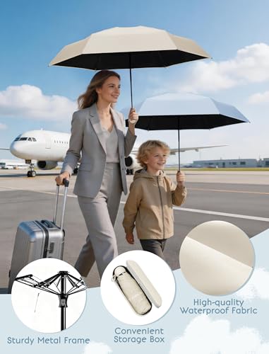 Jorilis Mini Compact Travel Umbrella with Case, Pocket Size UV Sun & Rain - color: Beige