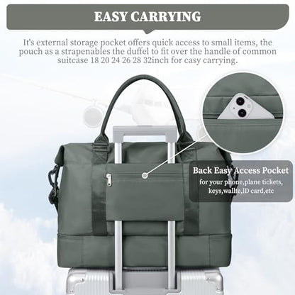 Weekender Bags for Women, Personal Item Travel Bag with Shoes Compartment - color: Olive Green, size: Medium
