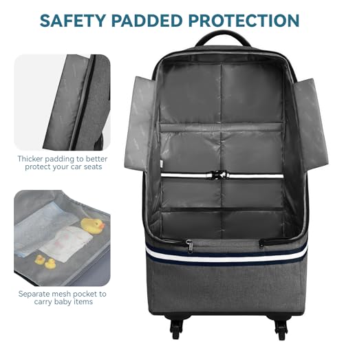 RUCYEN Rolling Car Seat Travel Bag, Padded Carseat Travel Backpack for Airplane,Large Durable Travel Bag with 4 Wheels,Adjustable Shoulder Strap and Waterproof Base Dark Grey - color: Grey