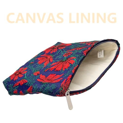 Flat Makeup Bag for Women,Zipper Cosmetic Pouch for Purse,Brocade Navy Blue - color: Brocade Navy Blue
