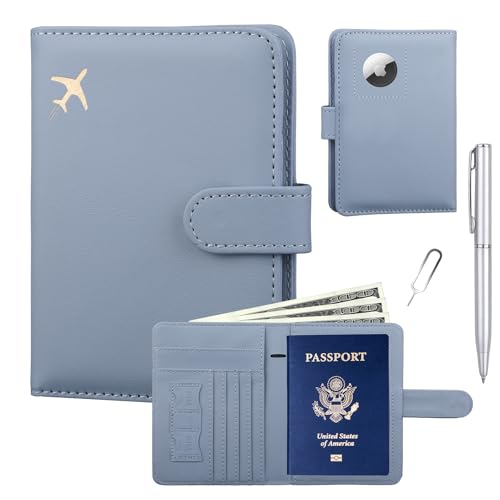 GOAUS Passport Holder for Travel with AirTag Slot, Passport Book Wallet - color: Blue, size: 5.6"x4.4"