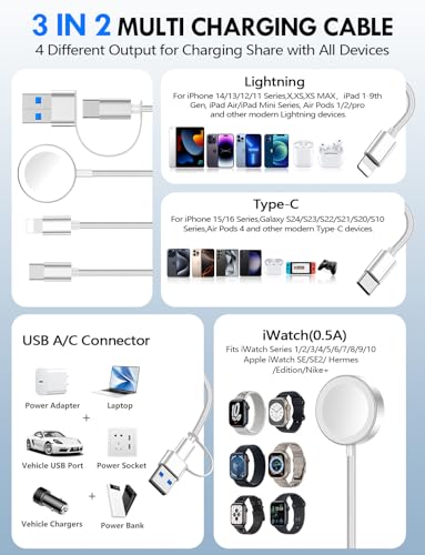 2Pack Travel Essentials for Apple Watch Charger,3-in-2 Multi Charging Cable - color: White, size: 2Pack-4FT