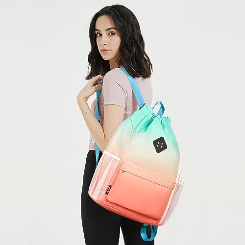 WANDF Drawstring Backpack with Shoe Compartment, Sports Gym Bag - color: L, Red-green Gradient, size: Large
