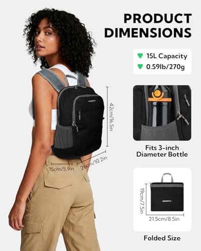 WATERFLY Small Packable Travel Backpack: 15L Lightweight Hiking Daypack - color: Black
