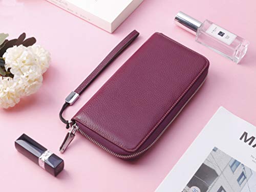 Lavemi Women's RFID Blocking 100% Leather Large Capacity Zip Around Wallet Phone Holder Clutch Travel Purse Wristlet(Large Size Pebbled Dark Magenta) - color: 1- Pebbled Dark Magenta, size: One Size