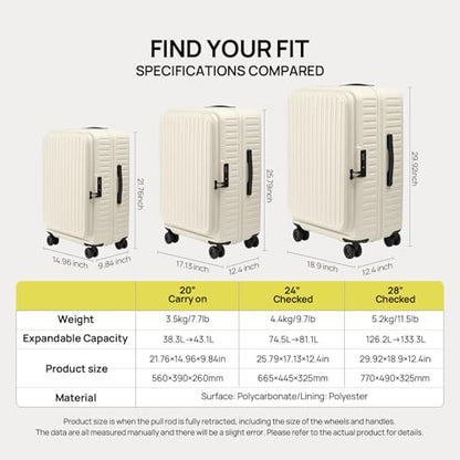 NINETYGO Top Opening Checked Luggage, Lightweight Medium Suitcase, ALPS - color: 02-Lily White, size: Checked 24-Inch
