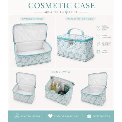 Vanity Bag/Train Case - Water-Resistant, PVC-Lined, Easy to Clean, Compact & Travel Ready Makeup Organizer - Aqua Trellis Print - color: Aqua Trellis, size: Large Vanity/Train Case