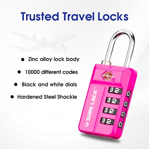 SURE LOCK TSA-Approved 4-Digit Resettable Combination Lock with Open Alert, Easy-Read Dials - for Luggage, School Lockers, Gym, Office, Toolbox & Security Cases (Pink 4 Pack) - color: 17021PINK 4PACK