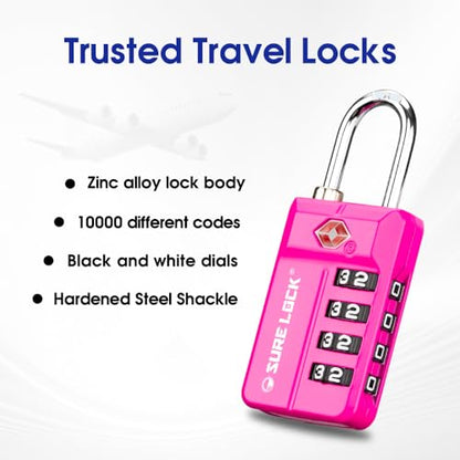 SURE LOCK TSA-Approved 4-Digit Resettable Combination Lock with Open Alert, Easy-Read Dials - for Luggage, School Lockers, Gym, Office, Toolbox & Security Cases (Pink 4 Pack) - color: 17021PINK 4PACK