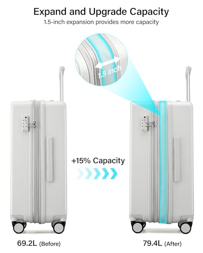 Hanke 24 Inch Expandable Checked Luggage, Hard Shell with Side Hook - color: Smoke White, size: 24 Inch EXT