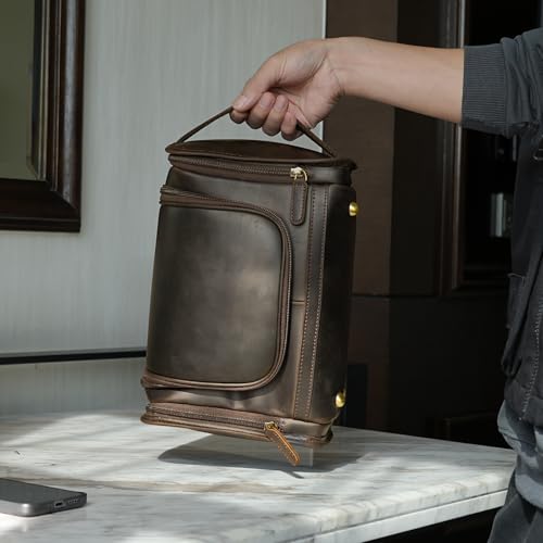 Polare Full Grain Leather Toiletry Bag Travel Dopp Kit Makeup Cosmetic Organizer Shaving Kit Wash Case with Hanging Hook - color: A-Dark Brown