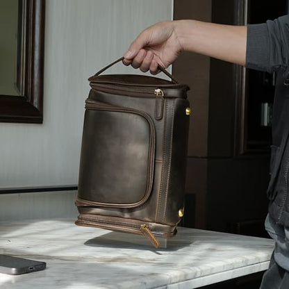 Polare Full Grain Leather Toiletry Bag Travel Dopp Kit Makeup Cosmetic Organizer Shaving Kit Wash Case with Hanging Hook - color: A-Dark Brown