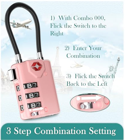 TRAVOCE TSA Approved Luggage Locks, Combination Cable Locks, 2 Pack, Pink - color: Pink 2 Pack