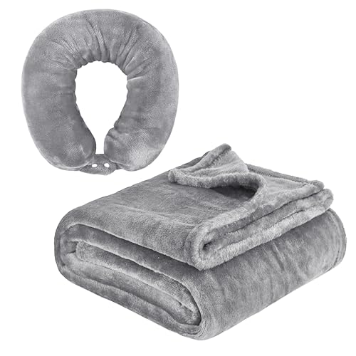 2 in 1 Neck Pillow with Blanket, Soft Flannel Multi-Functional Travel Combo, Portable Warm Neck Pillow Set for Airplane, Car and Camping Travel,Grey - color: Grey