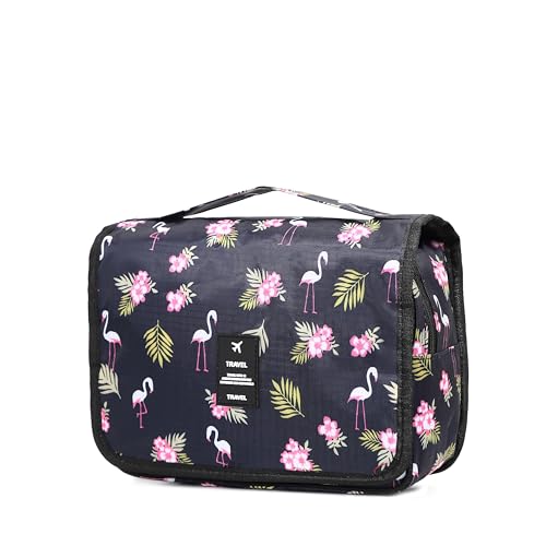 Sechunk Waterproof Travel Toiletry Bags Hanging Multi-function Cosmetic Bag Makeup Bag for Women - color: black_Flamingo