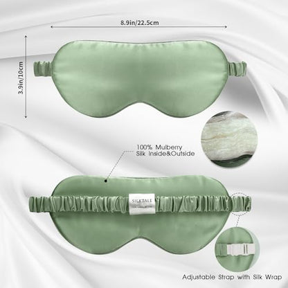 100% Mulberry Silk Eye Mask for Sleeping with Silk Wrapped Adjustable Strap,Sage Green - color: Sage Green