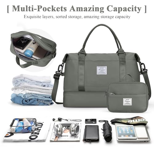 Travel Duffel Bag with Shoes Compartment,Weekender Bags for Women Travel - color: Olive Green, size: Large