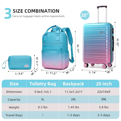 LARVENDER Carry on Luggage Sets 3 Piece, 20 Inch Suitcases, Cotton Candy - color: Cotton Candy-20BP, size: 3 Piece Set (Backpack/TB/20)