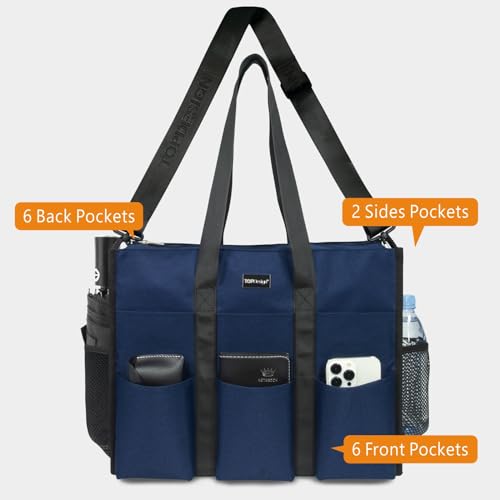 TOPDesign Utility Water Resistant Tote Bag with 22 Pockets, Zipper Closure - color: Blue, size: Large