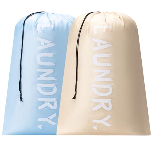 2 Pack Travel Laundry Bag,28" x 40", Extra Large Dirty Clothes Organizer - color: Beige+Light blue, size: 28"x40"