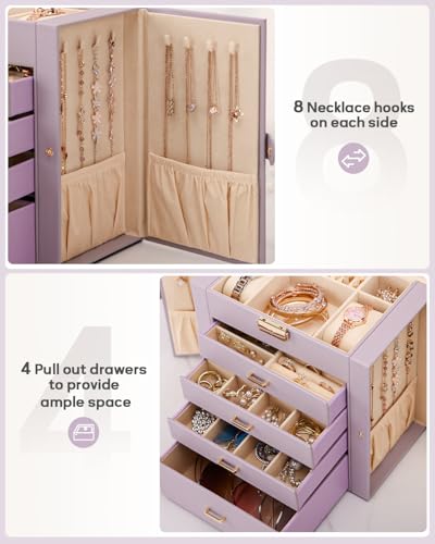 Homde Large Jewelry Box for Women: 5-Layer Organizer with Lock for Dresser - color: Grey Purple + Gold
