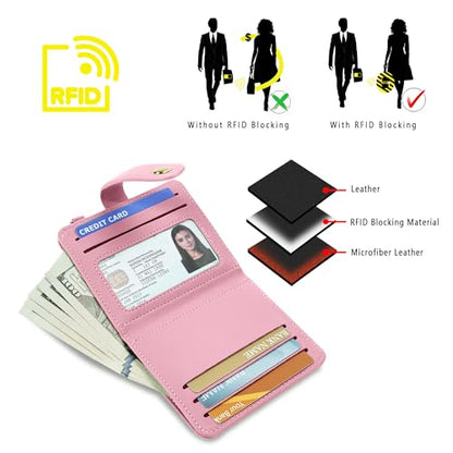 Airkit Small Wallet Women RFID, PU Leather Card Holder with Keychain - color: Pink