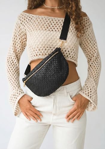 Woven Crossbody Bag for Women, Checkered PU Bum Bag Sling Purse with Adjustable Strap for Travel, Festivals - color: Black