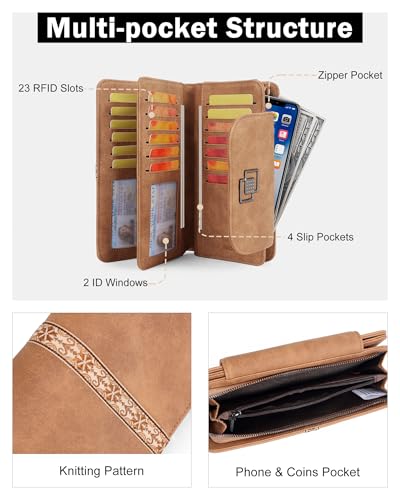FADEON Leather Wallets for Women, Designer Large RFID Blocking Trifold - color: Camel Brown Nubuck Style