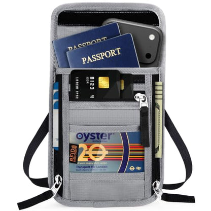 Neck Wallet for Travel-Passport Holder-Money Pouch-RFID Blocking - color: Grey