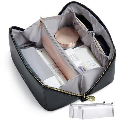 SHOWKOO Cosmetic Bag for Women, WideOpen Travel Makeup Bag with Compartment - color: Black