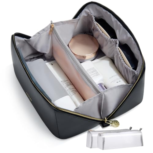 SHOWKOO Cosmetic Bag for Women, WideOpen Travel Makeup Bag with Compartment - color: Black