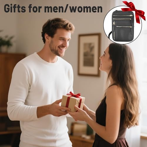 Neck Wallet for Traveling Women Men, RFID Blocking Leather Travel Pouch - color: Raven Black