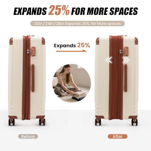 KUNEL Luggage Sets 5 Piece, Hardshell Expandable Suitcase, 20/24/28inch - color: Beige