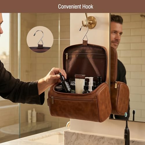 Travel Toiletry Bag Hanging For Mens PU Leather - Yellow Brown (Initial M) - color: Yellow Brown, style: M