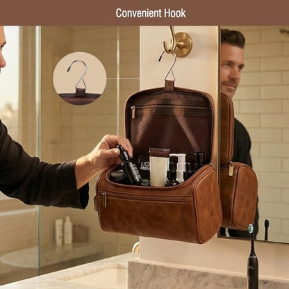 Travel Toiletry Bag Hanging For Mens PU Leather - Yellow Brown (Initial M) - color: Yellow Brown, style: M